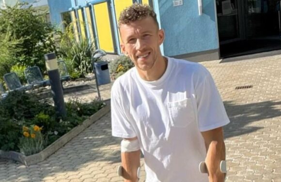 Ivan Perisic pictured on crutches after undergoing ACL surgery